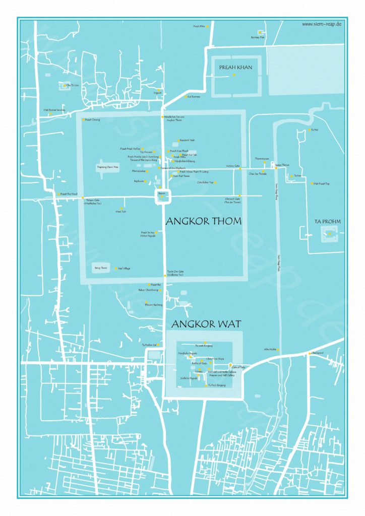 Detailkarte mit den Tempeln in Angkor Thom und Angkor Wat